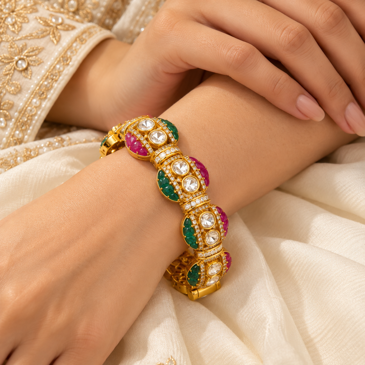 Red and green moissanite gold bracelet with designer link detailing