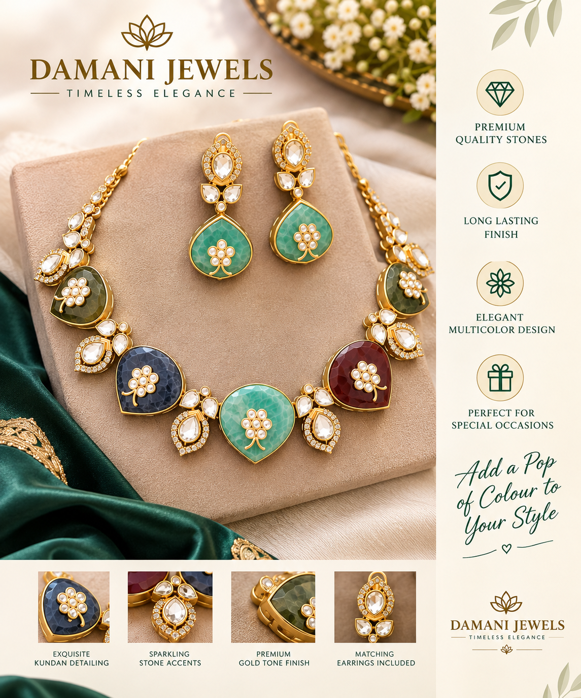 Gold-tone Kundan-style necklace with colorful stones and matching earrings