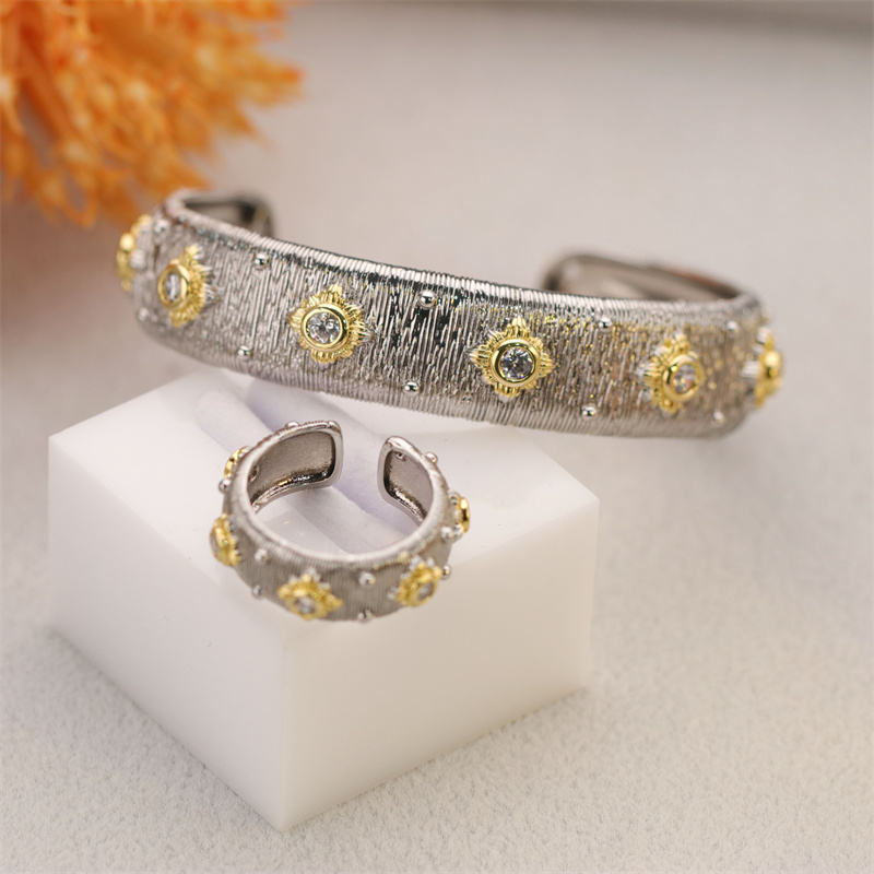 Damani Jewels Dual Tone Designer Open Cuff Bracelet & Adjustable Ring Set for Women | Crystal Statement Jewelry