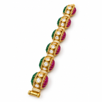 Red and green moissanite gold bracelet with designer link detailing