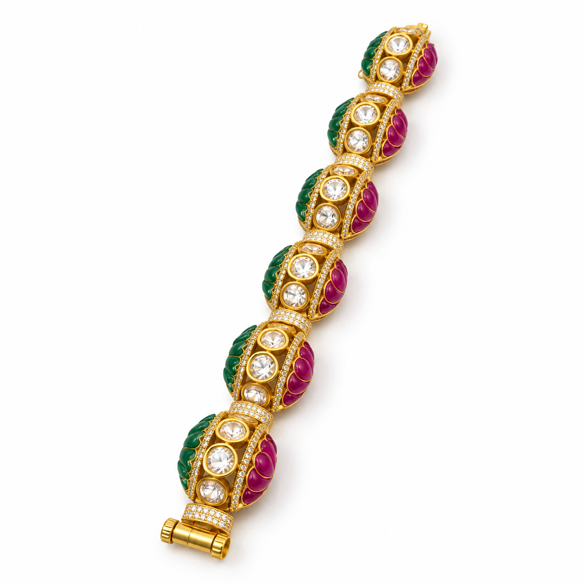 Red and green moissanite gold bracelet with designer link detailing