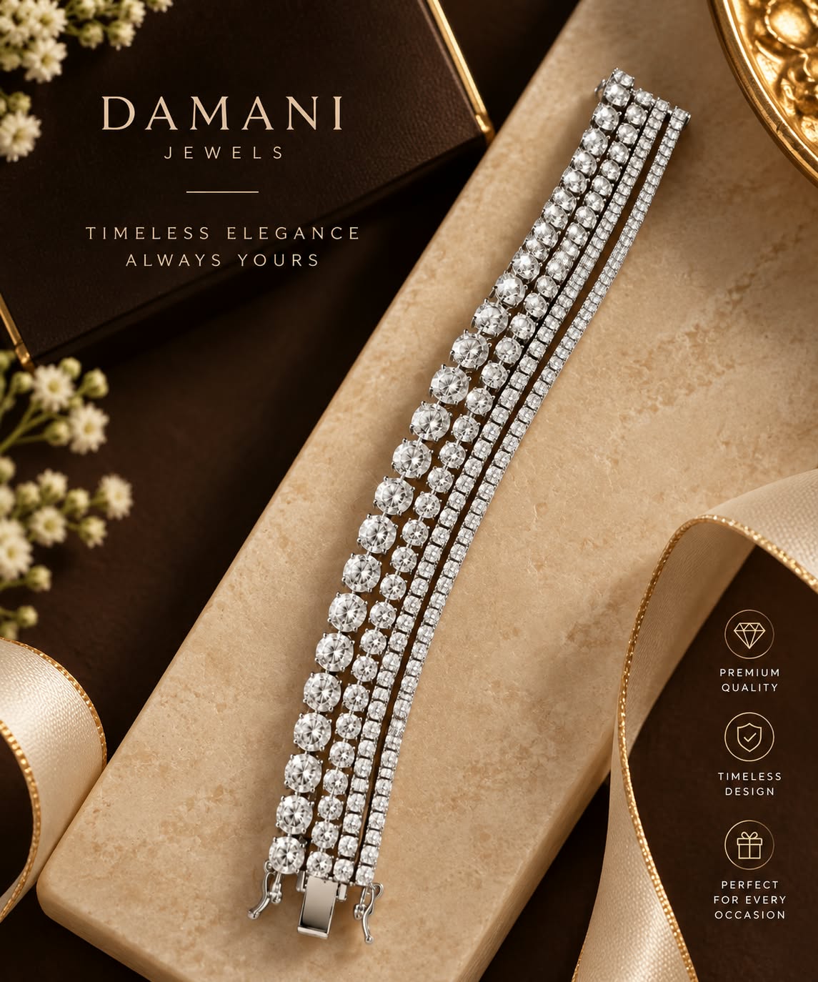 Multi-row tennis bracelet with brilliant clear stones by Damani Jewels