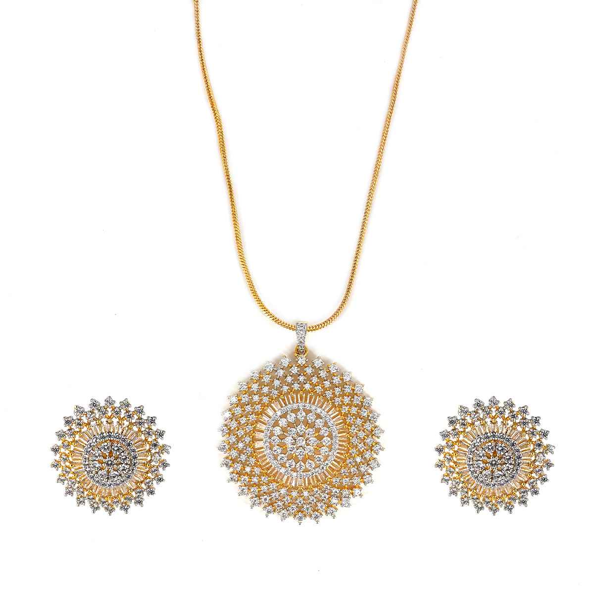 A stunning gold-plated round pendant set designed with premium CZ stones.