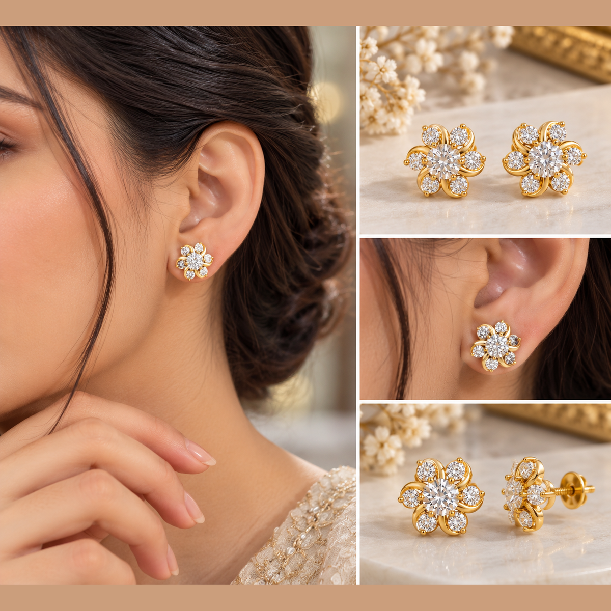 Gold tone floral crystal stud earrings with sparkling center stone