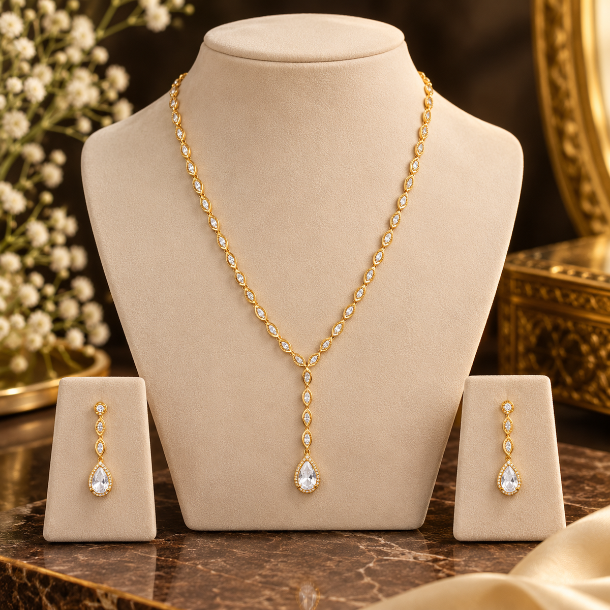 American Diamond Drop Pendant Set for Women | Gold Plated Y-Shape Necklace Set