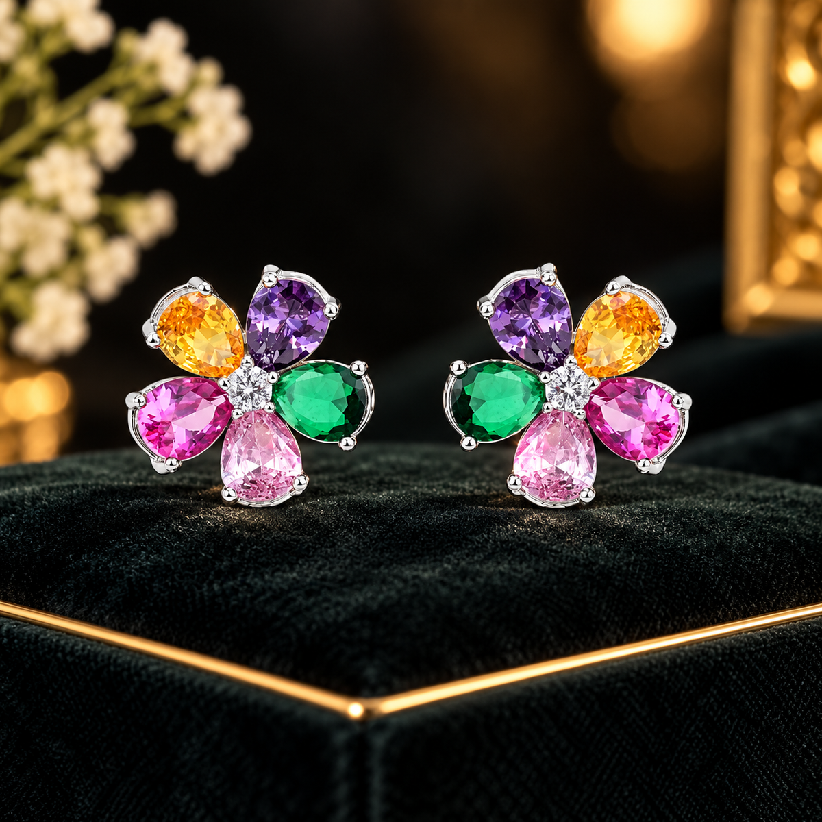 Damani Jewels Swarovski Crystal Multicolor Floral Stud Earrings | Rainbow Flower Designer Earrings for Women