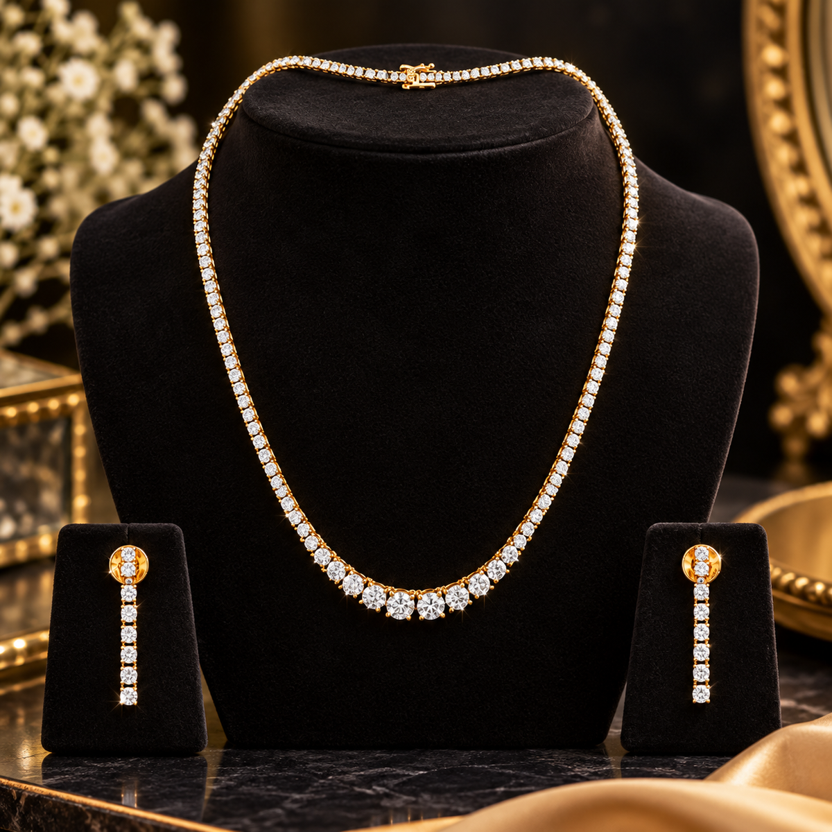 Damani Jewels American Diamond Tennis Necklace Set for Women | Gold-Plated CZ Necklace Set