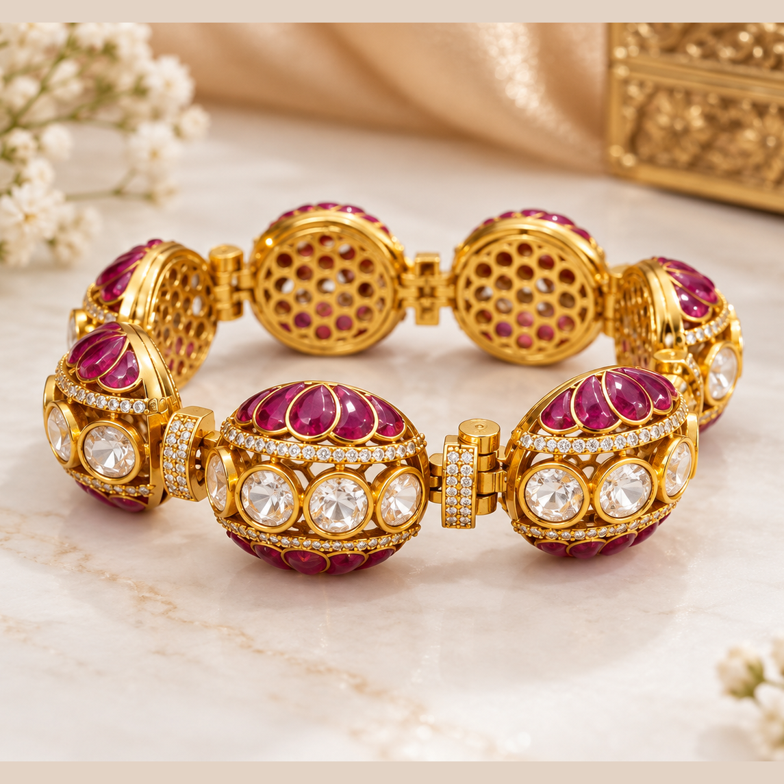Model wearing a red and green gemstone gold bracelet with sparkling stones and intricate designer detailing