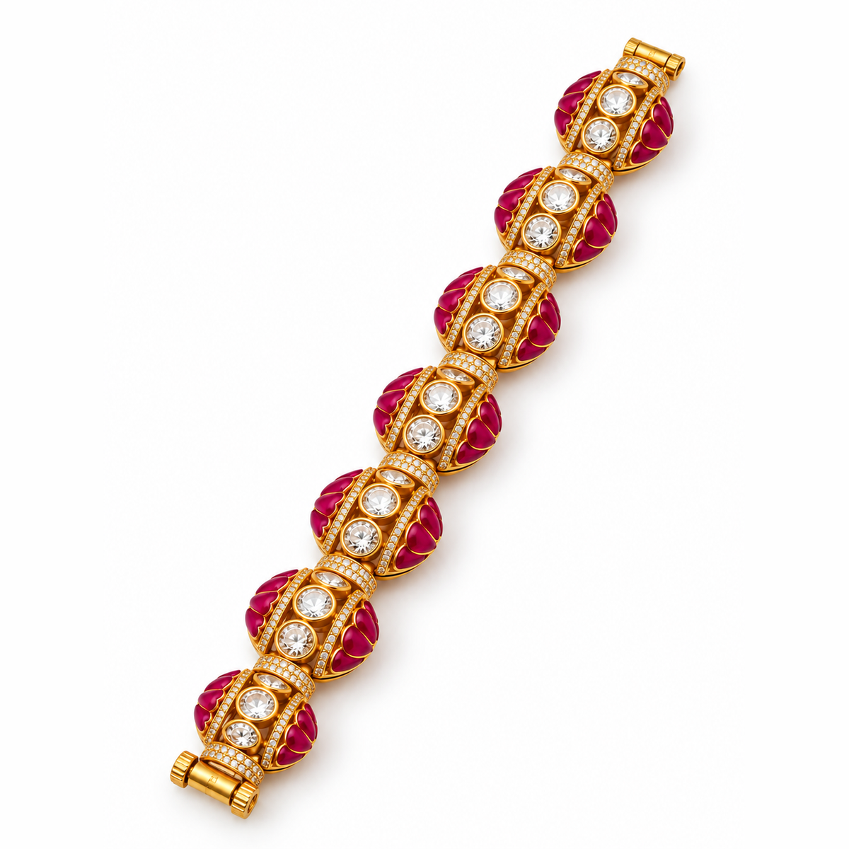Model wearing a red and green gemstone gold bracelet with sparkling stones and intricate designer detailing