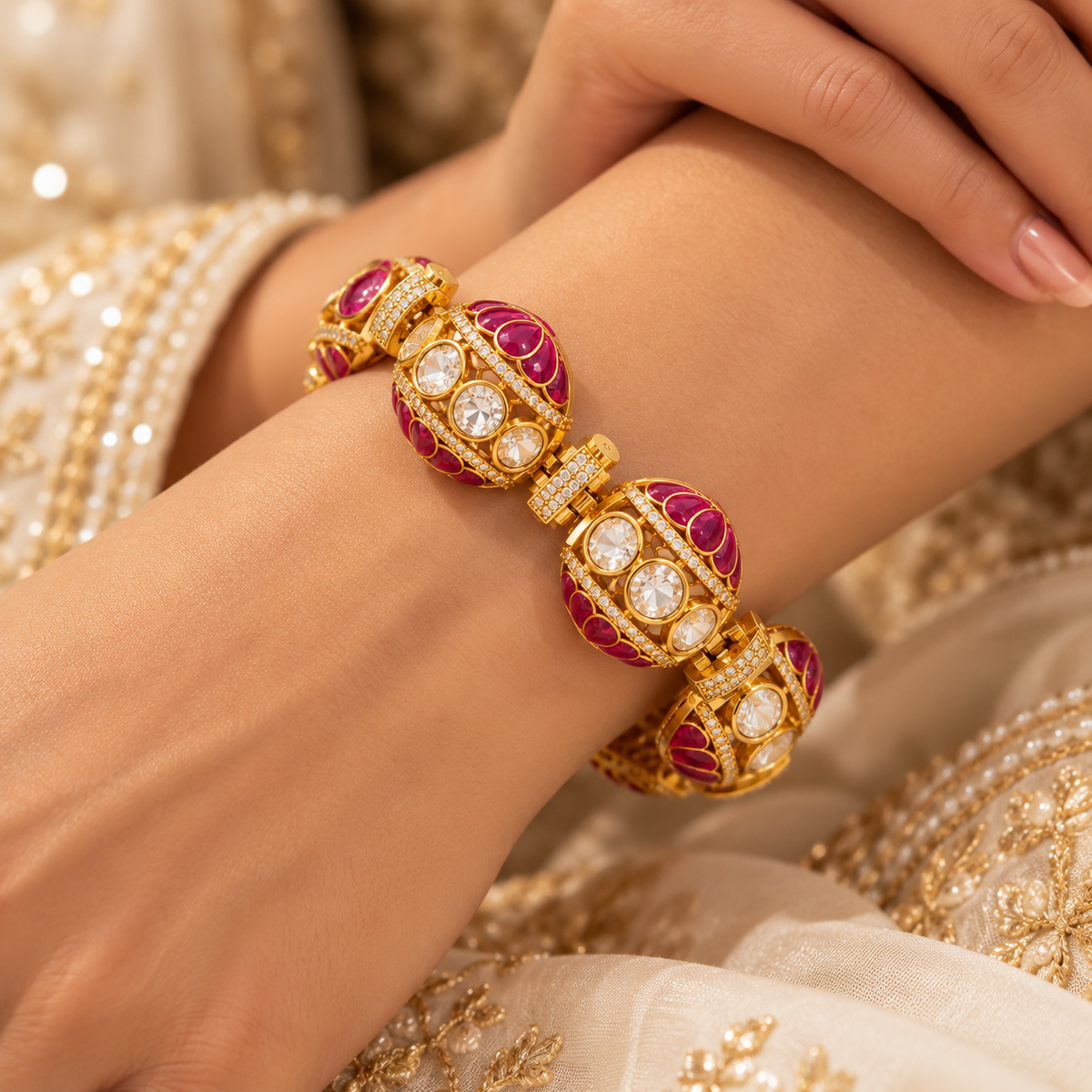 Close-up model wearing a red and green gemstone gold bracelet