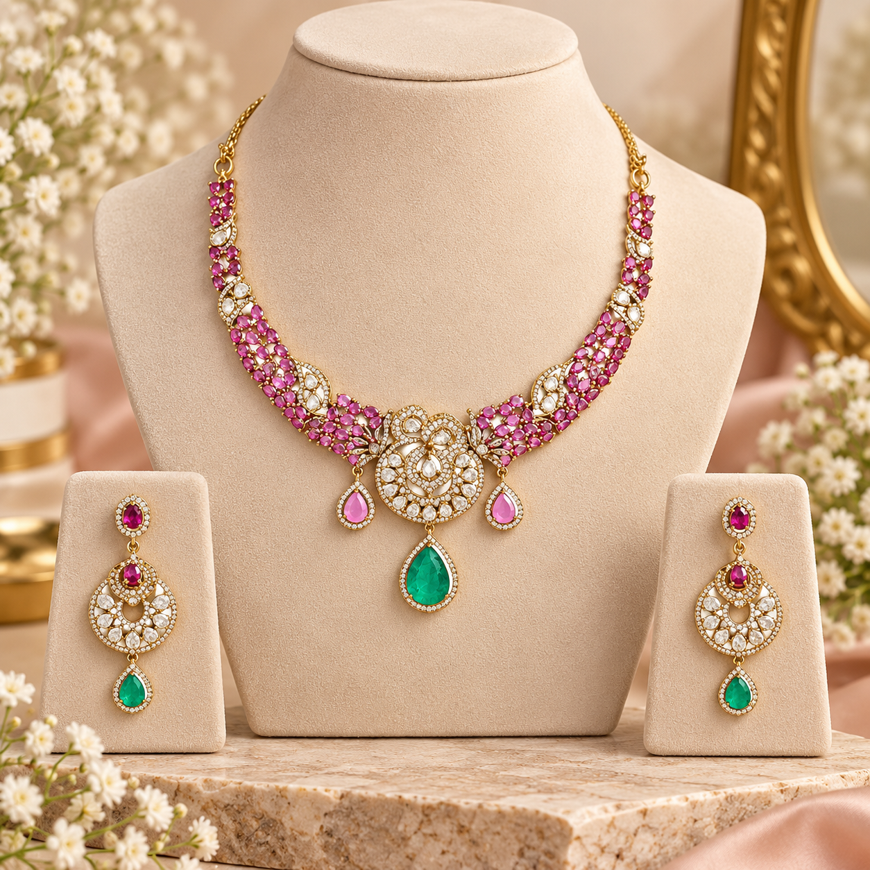 Moissanite Necklace Set for Women | Green Teardrop Stone Necklace Set