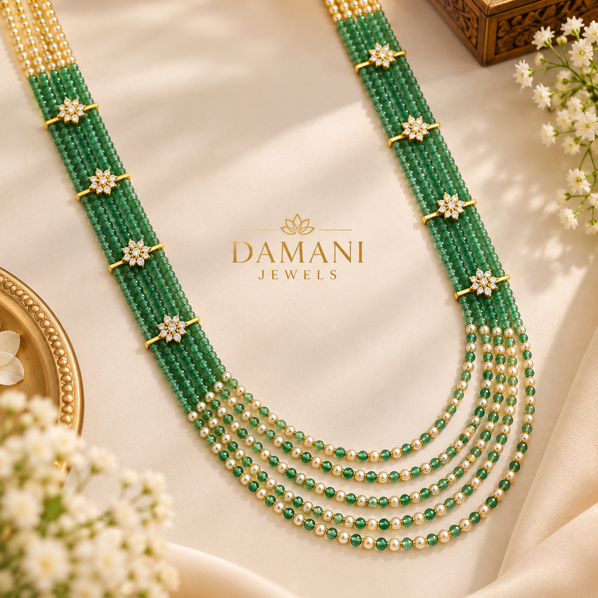 Green crystal pearl layered necklace with gold floral detailing