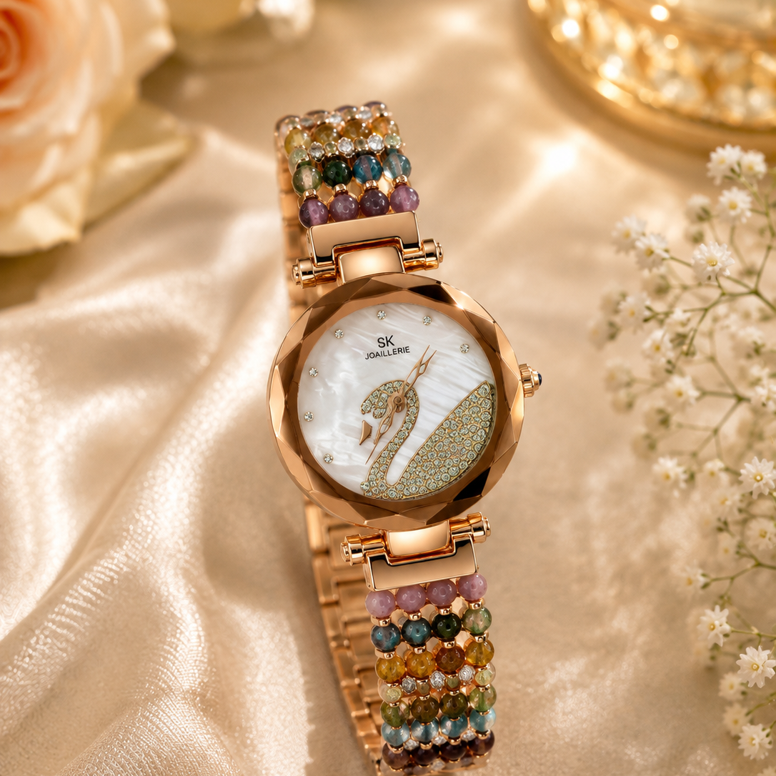 Damani Jewels Women's Rose Gold Multicolor Beaded Bracelet Watch with Elegant Swan Dial