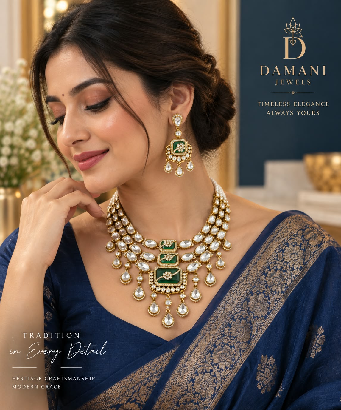 Green and gold Moissanite bridal necklace set for women