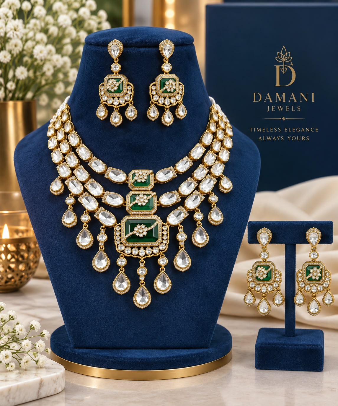 Designer green Kundan necklace with matching earrings