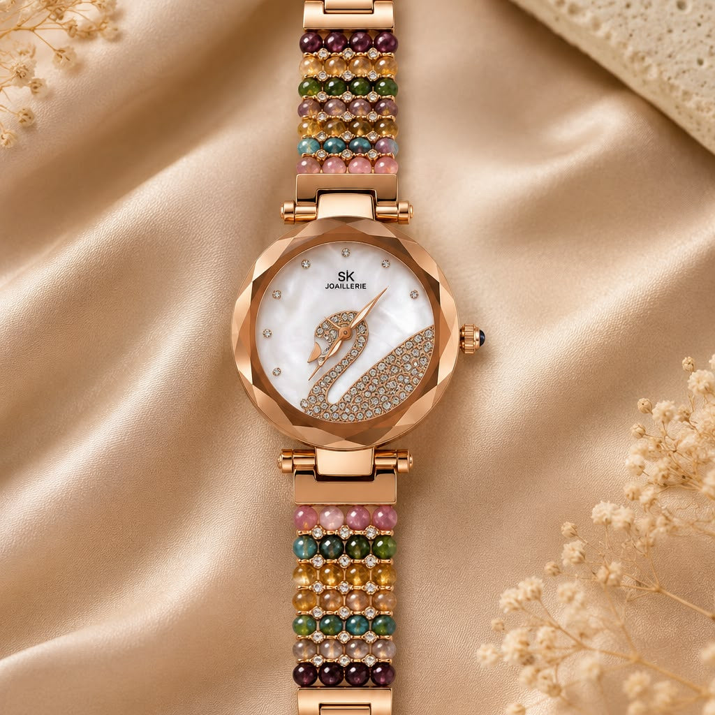 Damani Jewels Women's Rose Gold Multicolor Beaded Bracelet Watch with Elegant Swan Dial