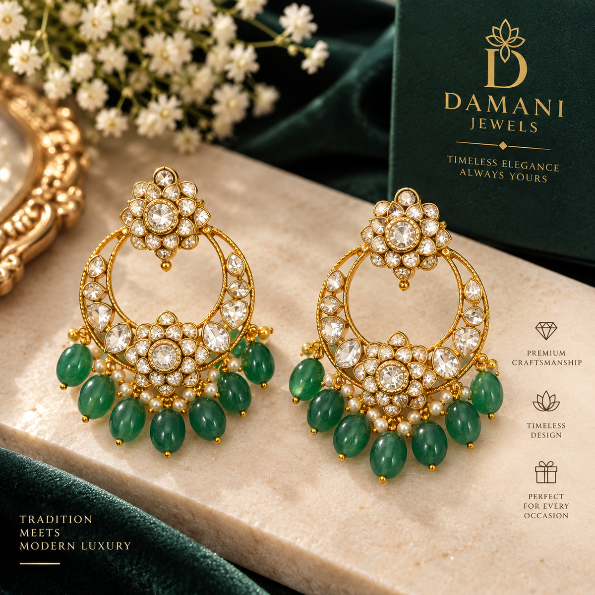 Green Moissanite chandelier earrings with gold detailing and green bead drops by Damani Jewels