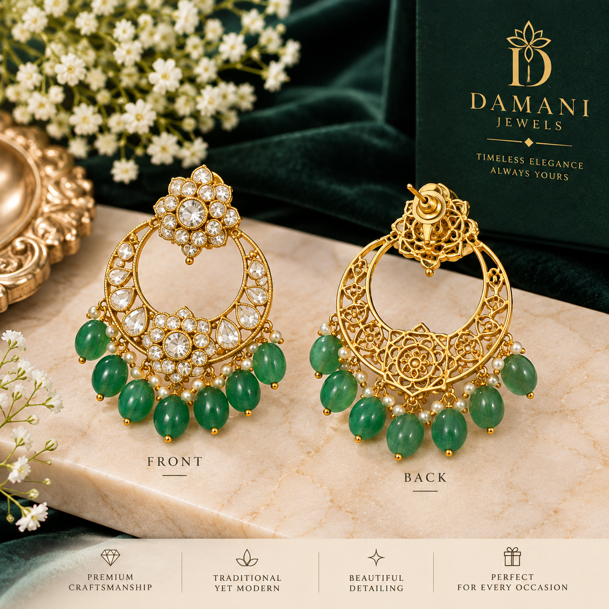 Designer green Moissanite earrings with teardrop bead detailing