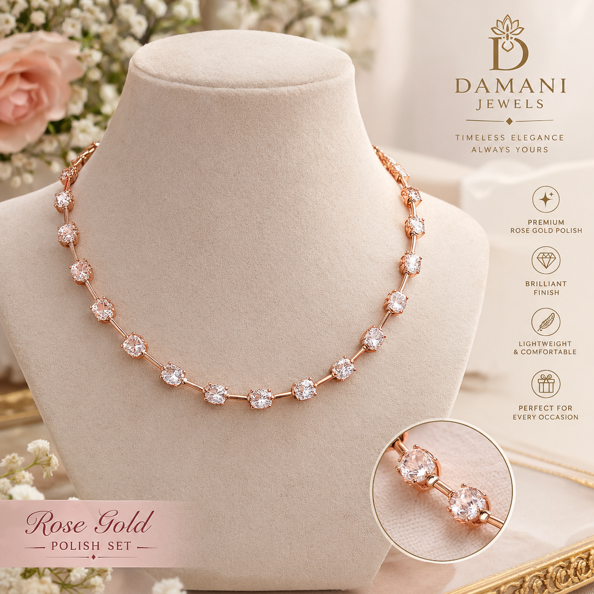 Rose gold polish Moissanite tennis necklace for women by Damani Jewels
