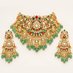 Designer Kundan choker necklace with pearl and green bead detailing