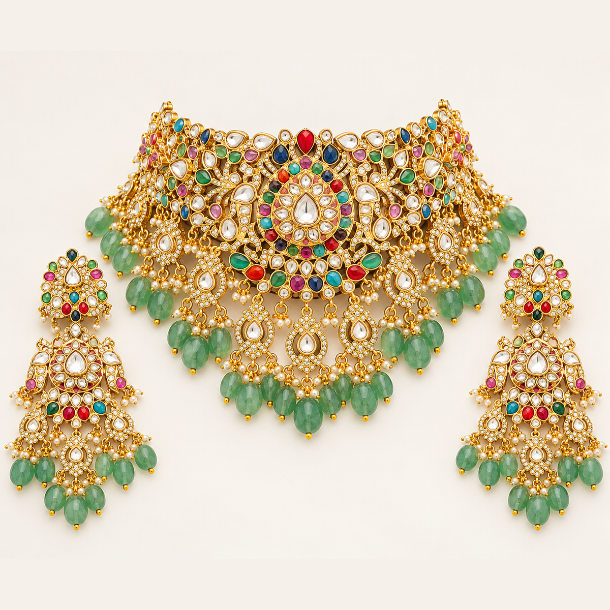 Designer Kundan choker necklace with pearl and green bead detailing