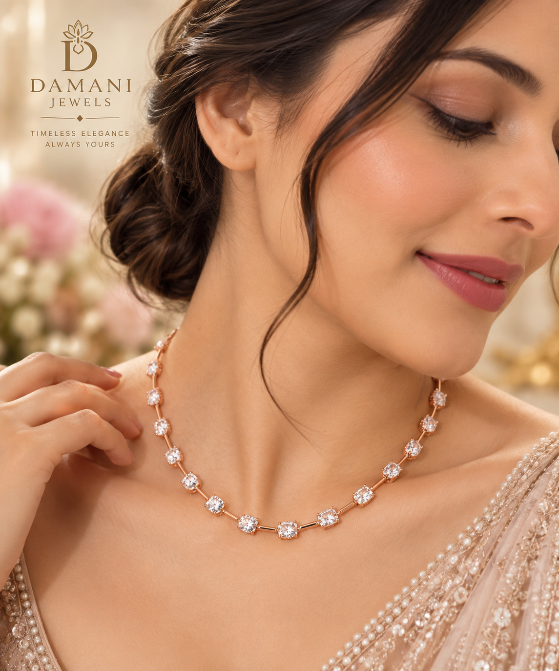 Rose gold tennis necklace with sparkling Moissanite stones