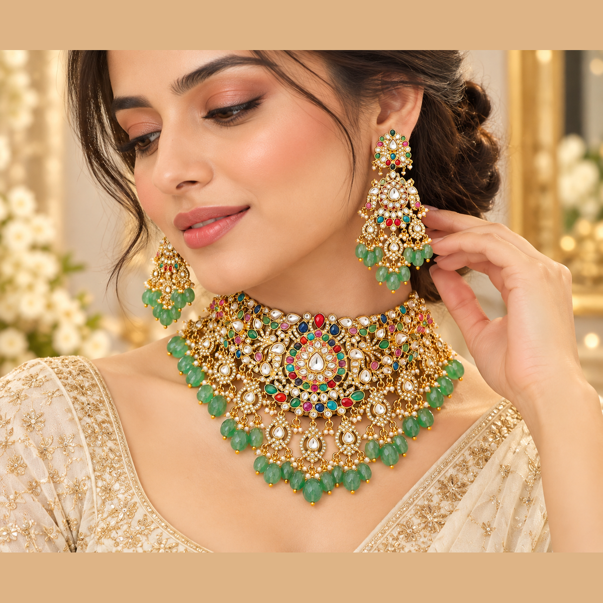 Damani Jewels Moissanite Kundan choker necklace set with green beads and matching earrings