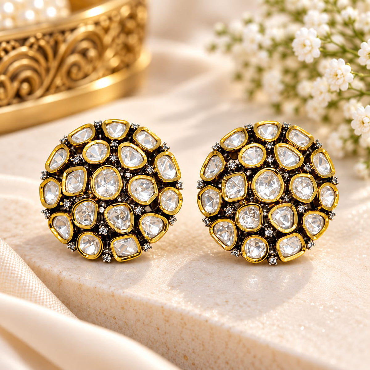 Moissanite Statement Stud Earrings – Gold Finish Round & Teardrop Design