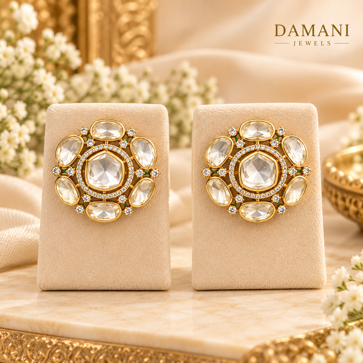 Close-up of layered Moissanite Kundan necklace with green stone detailing