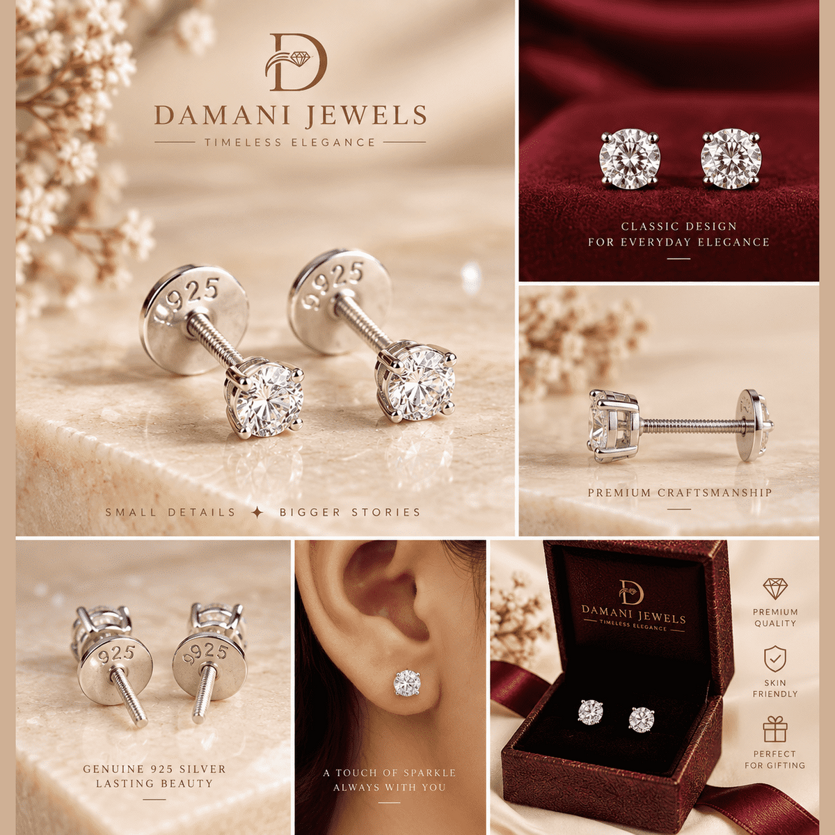 925 Sterling Silver Solitaire Stud Earrings | Lab-Cut Diamond-Look Stones | Damani Jewels