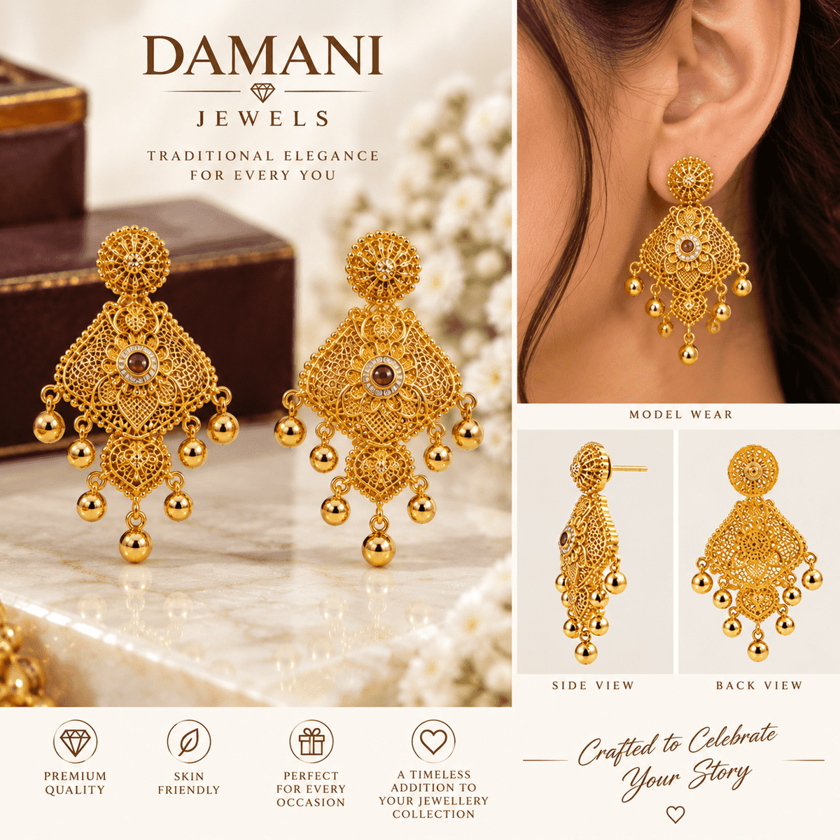 Traditional Gold-Tone Necklace Set with Earrings | Damani Jewels