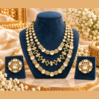 Woman wearing Moissanite Kundan layered necklace set with green stones and earrings