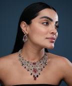 Premium floral wedding necklace set with multicolor gemstones and silver-tone finish for women