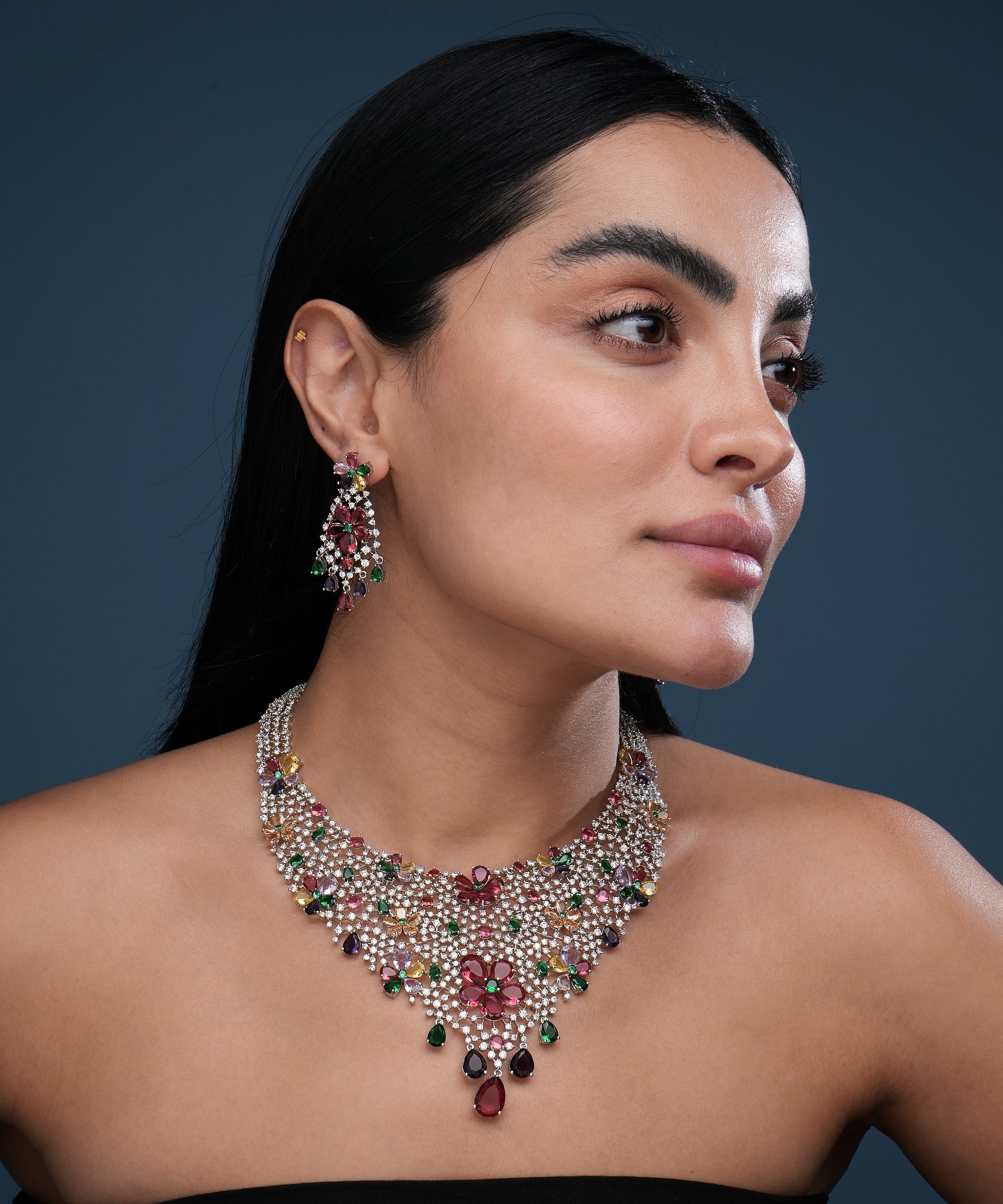 Premium floral wedding necklace set with multicolor gemstones and silver-tone finish for women