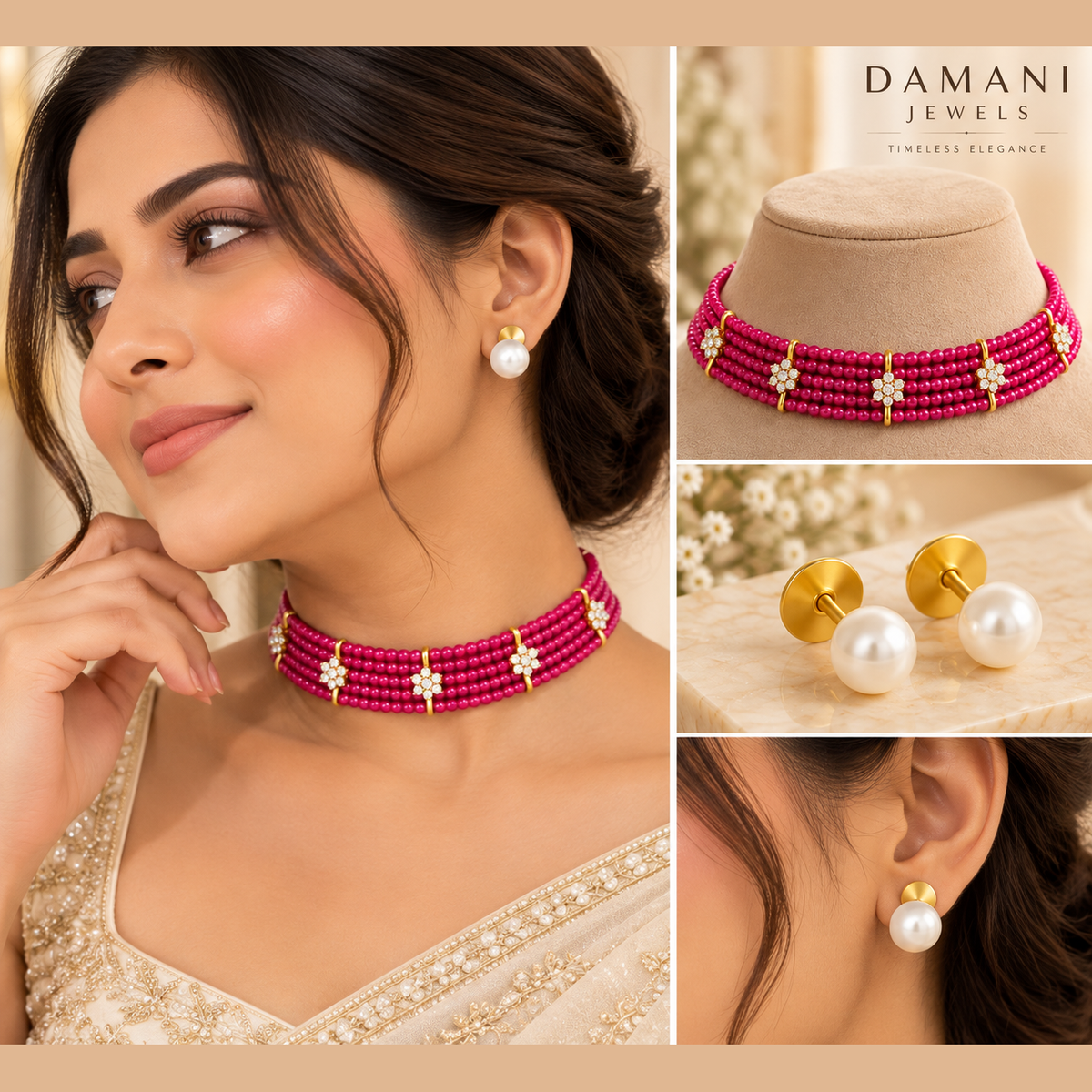 Ruby pink beaded choker necklace and pearl earring set