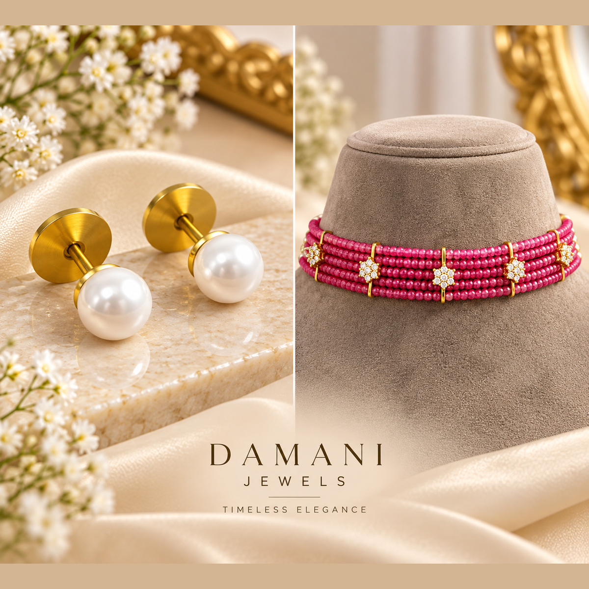 Ruby pink multi-strand beaded choker with gold-tone floral details