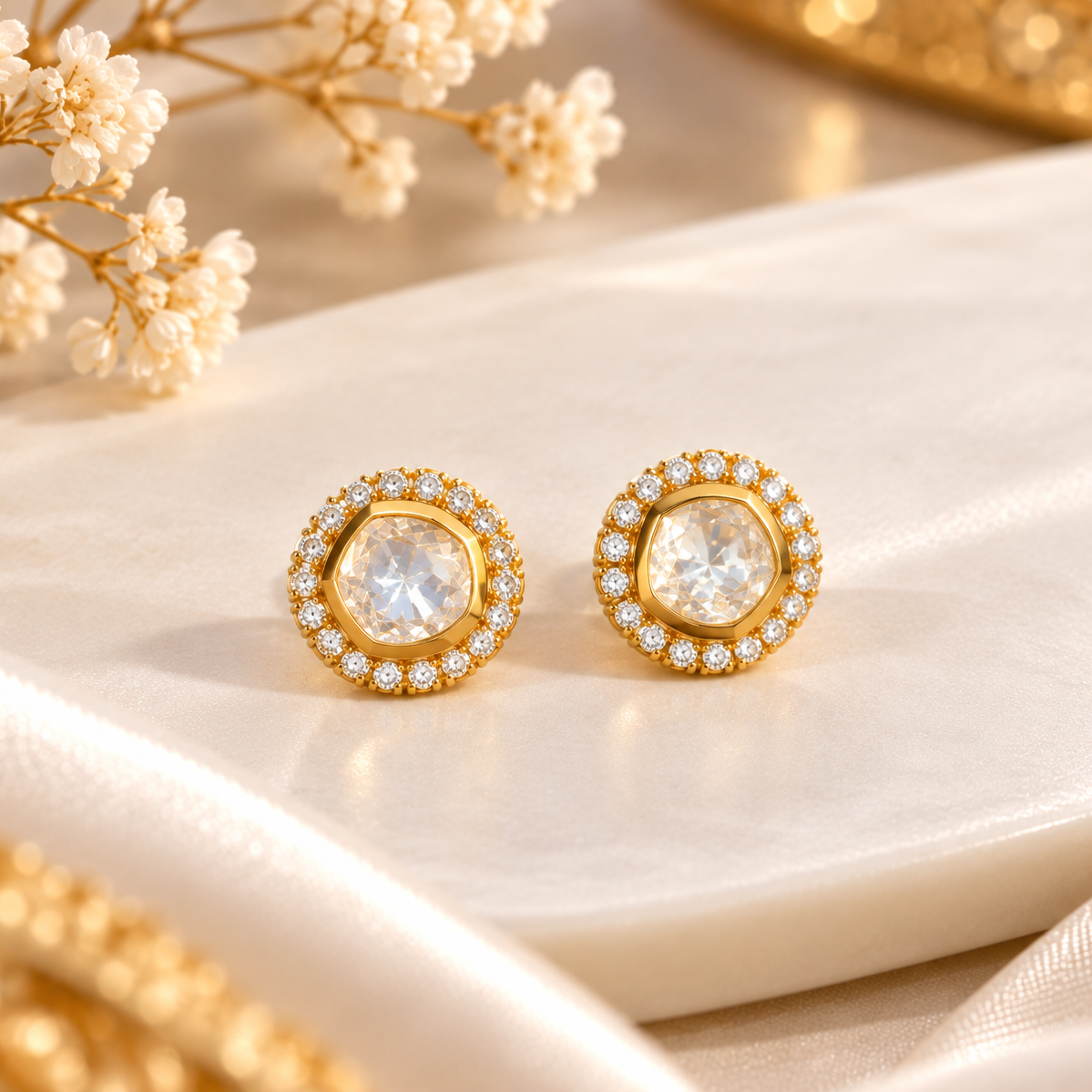 Gold tone moissanite screw back stud earrings