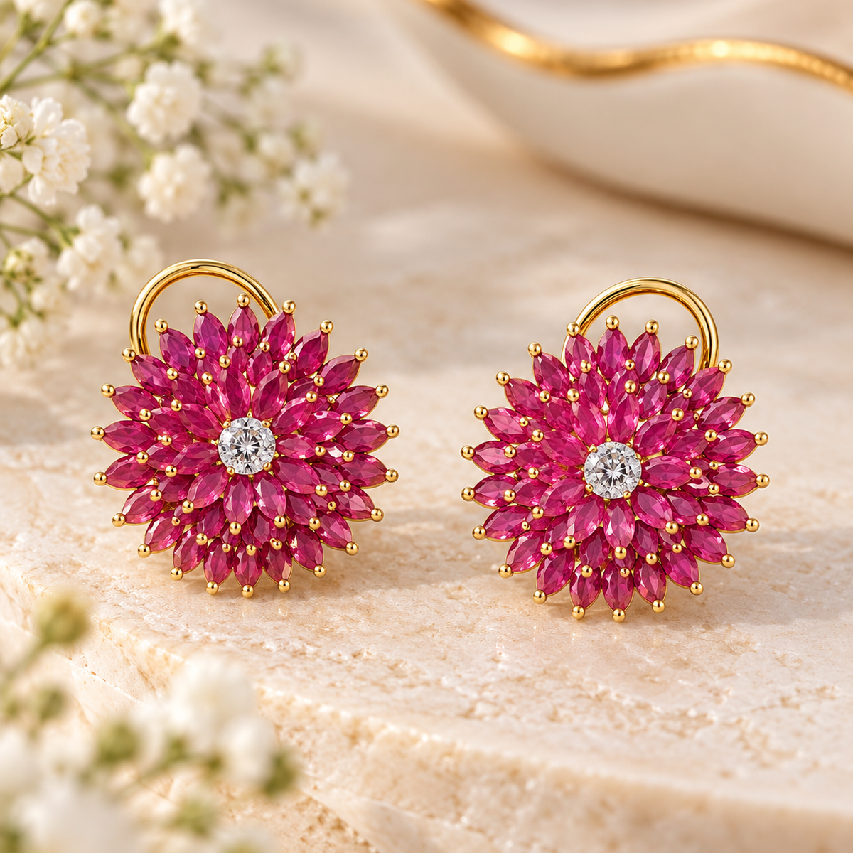 Pink ruby floral statement earrings for women with sparkling center stone