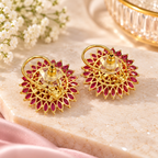 Back view of pink floral statement earrings with gold tone detailing
