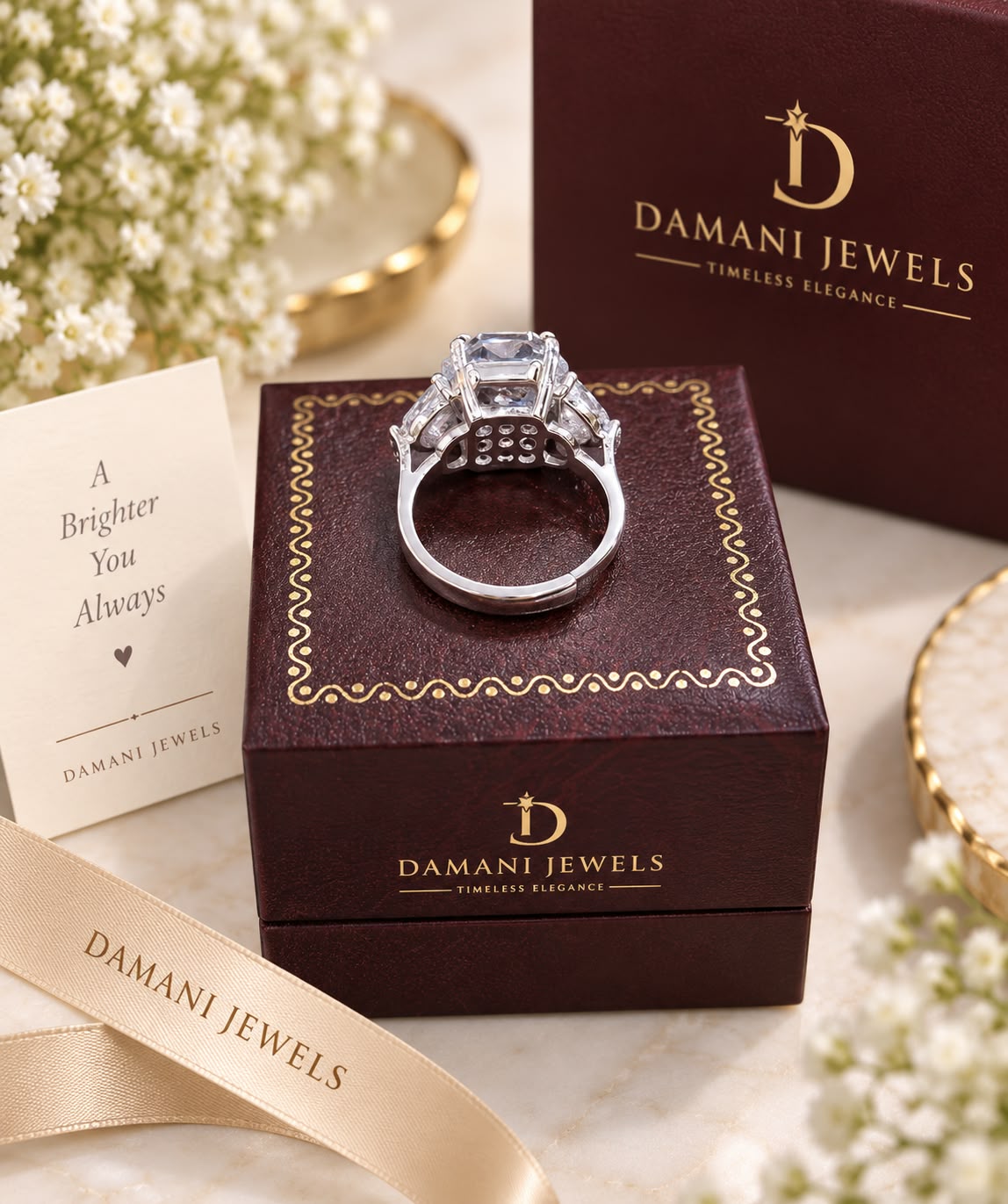 Luxury solitaire statement ring displayed in Damani Jewels box