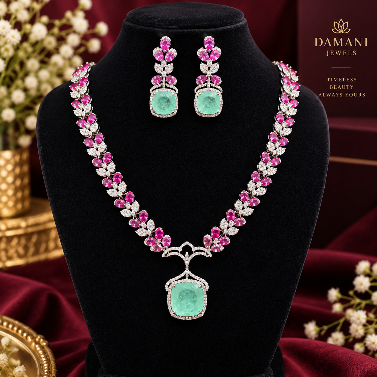 Pink and mint green necklace with matching drop earrings