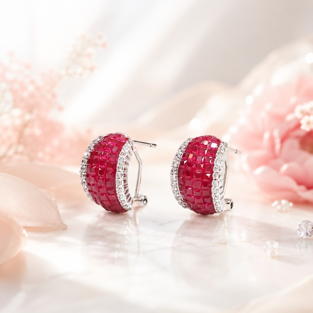 Swarovski Style Ruby Red Crystal Hoop Earrings for Women | Luxury Silver Finish Party Wear Earrings