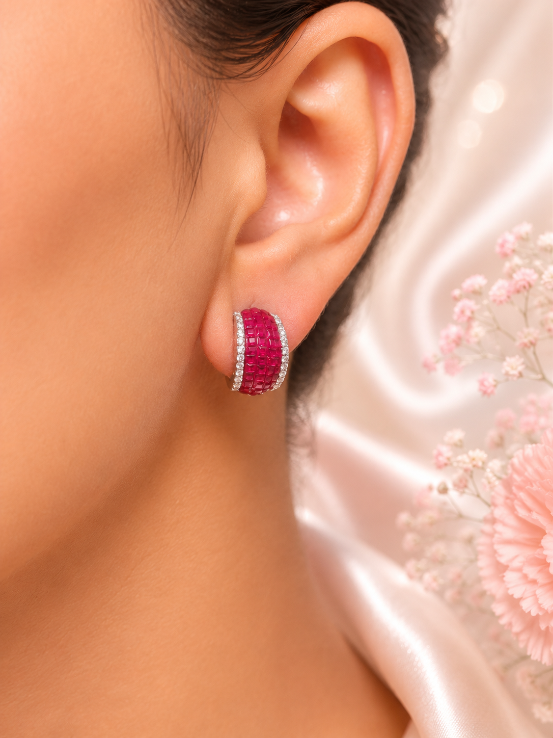 Swarovski Style Ruby Red Crystal Hoop Earrings for Women | Luxury Silver Finish Party Wear Earrings
