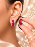 Swarovski Style Ruby Red Crystal Hoop Earrings for Women | Luxury Silver Finish Party Wear Earrings