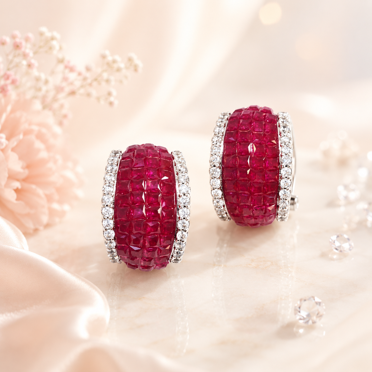 Swarovski Style Ruby Red Crystal Hoop Earrings for Women | Luxury Silver Finish Party Wear Earrings