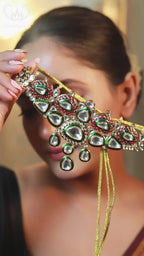 “Green and pink meenakari kundan choker necklace set with mirror polki stones and matching earrings – bridal Indian jewellery.”