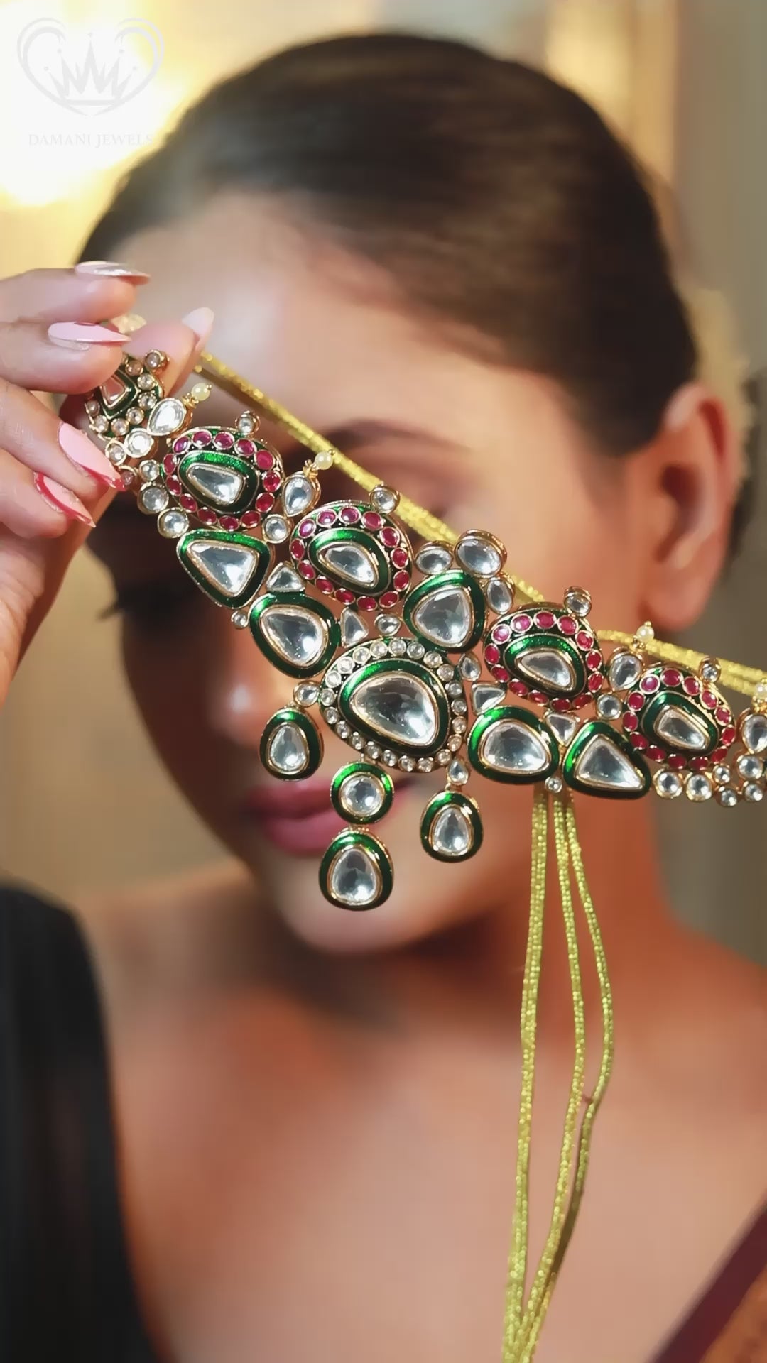 “Green and pink meenakari kundan choker necklace set with mirror polki stones and matching earrings – bridal Indian jewellery.”