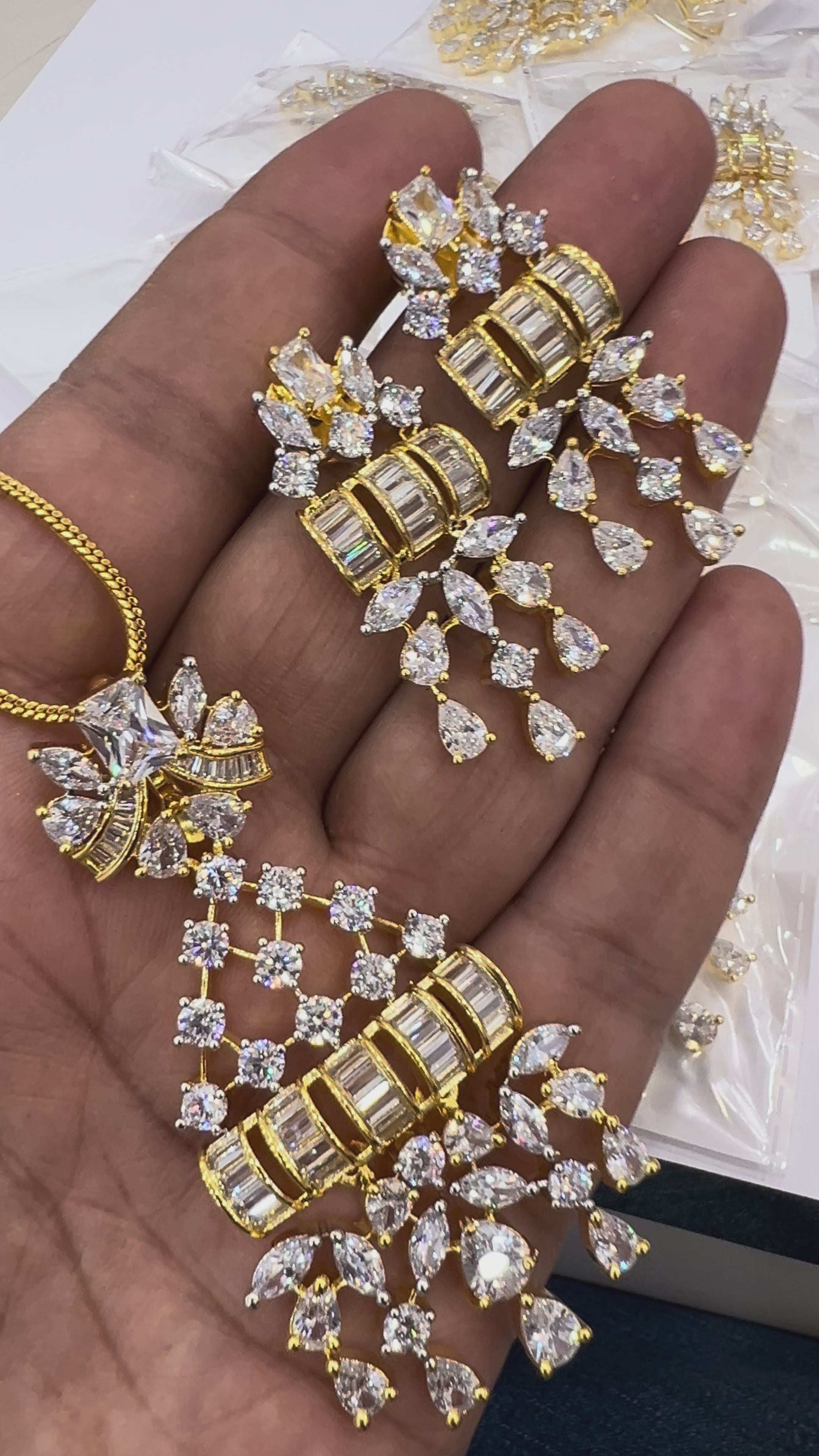 Gold-Tone Crystal Pendant Necklace & Drop Earrings Jewelry Set for Women