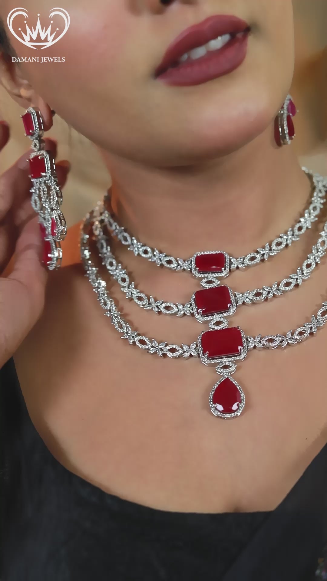 Ruby and CZ diamond drop earrings in silver finish – Damani Jewels