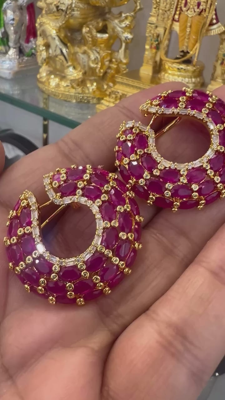 Gold tone red stone hoop earrings for wedding and festive wear